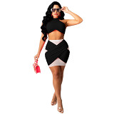 MOEN Hot Sale 2021 Women Clothing Summer skirt and top set Halter Solid Color Sexy Mesh Splice Women Two piece Skirt set
