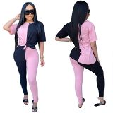 MOEN Wholesale New Solid Color Patchwork Sports Suit Ladies Two piece pants set Short Sleeve Women 2 piece set clothing