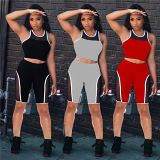 MOEN Latest Design 2021 Casual Sports Suit Solid Color Mesh Splice Tank Top And Pants Set Women Two Piece Short Set Clothing