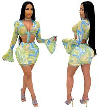 MOEN Wholesale Summer New Arrivals Womens Long Sleeve See Through Short 2 Piece Crop Top Set Women Skirt Sets