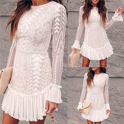 MOEN Fashionable White Lace Ruffle Sleeve Women Dresses Elegant Party Trendy Lace Mini Dress
