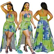 MOEN Wholesale Halter Hollow Out Tops Shorts Dress Women Print Two Piece Set 2021 Summer Women Sexy Two Piece Sets