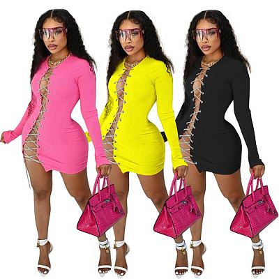 MOEN New Trendy Club Long Sleeve Quality Women Dresses Fashion Bandage Hollow Out Women Clothing Sexy Ladies Dress