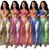 MOEN New Arrival Summer Long Sleeve Cardigan Trousers Halter Top Sexy Floral Print Three Piece Summer Sets Women Clothing