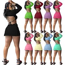 MOEN New Summer Backless Sexy Solid Color Mini Crop Tops Two Piece Split Skirt Long Sleeve Short Set