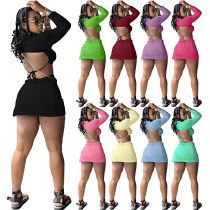 MOEN New Summer Backless Sexy Solid Color Mini Crop Tops Two Piece Split Skirt Long Sleeve Short Set
