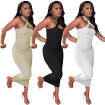 MOEN Wholesale Solid Color Strapless Backless Cross Halter Skinny Full Length Dress