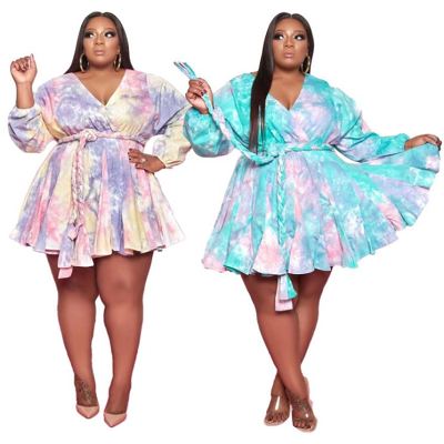 MOEN Fashionable Ong Sleeve Floral Print High Waist Summer Dress 2021 Fat Women Belt A-Line Short Plus Size Dresses