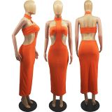 MOEN Fashion 2021 Summe  Skirt Set Solid Color Backless Bra Long Women Two Piece Skirt Set