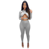 MOEN New Trendy Hollow Out Wrap Top Long Sleeve 2 Piece Casual Sports Set Women Long Skin Pants Custom Two Piece Set 2021
