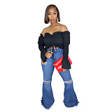 MOEN Trendy 2021 Off Shoulder Long Puff Sleeve Women Clothes Ladies Solid Color Tops Pleated Folded Drawstring Short Tops