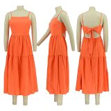 MOEN Fashion 2021 Spaghetti Strap Back Tie Summer Dress Womens Clothing L;Ady Elegant Pure Color A-Line Spliced Midi Dress