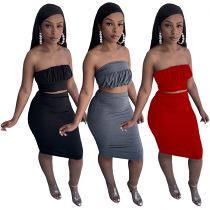 MOEN Hot Sale Tube Top Ruched Crop Top Straight Dress 2 Piece Set Summer Solid Color Casual Women Two Piece Skirt Set