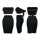 MOEN Hot Sale Tube Top Ruched Crop Top Straight Dress 2 Piece Set Summer Solid Color Casual Women Two Piece Skirt Set