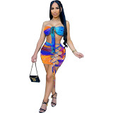 MOEN Wholesale New 2021 Summer skirt and top set Positioning print Bandage Sexy Women Skirt Two piece set