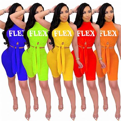 MOEN High Quality Tie Knot Crop Tops Summer Casual Letter Sleeveless Women Short Set 2021 Outfits Two Piece Shorts Set