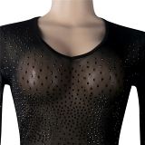 MOEN  Best Design Net Yarn Perspective Long Sleeve Stylish Sexy Dress Black Diamonds Girls Dresses