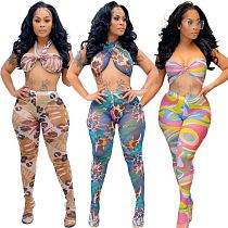 MOEN Lowest Price Print Wrap Bra Crop Top 2 Piece Women Set Skin Legging 2021 Summer Sexy Two Piece Pants Set