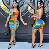 MOEN Wholesale New 2021 Summer skirt and top set Positioning print Bandage Sexy Women Skirt Two piece set