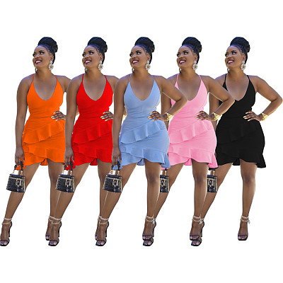 MOEN New Style Suspender Ruffles Splice Girls Clothes Dresses Summer Solid Color Backless Women Ladies Short Mini Dress