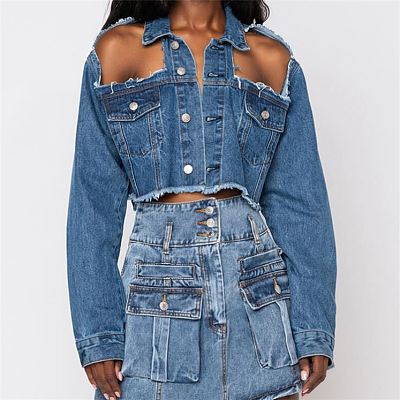 MOEN Hot Selling Long Sleeve Shoulder Hollow Out Design Women Jean Tops Summer Short Ladies Streetwear Denim Jacket Women