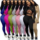 MOEN New Trendy Hollow Out Wrap Top Long Sleeve 2 Piece Casual Sports Set Women Long Skin Pants Custom Two Piece Set 2021