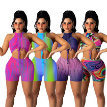 MOEN New Arrival Sexy Tie Dye Tights Set Strapless Sexy 2 Piece Set Women 2021 Summer Club