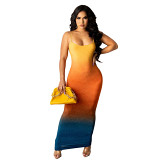 MOEN Best Design Summer Fashion Gradient Color Print Clothes Dresses Maxi Long Elegant Suspender Women Straight Dresses