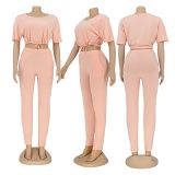 MOEN Amazon 2021 Drawstring Crop Top And Pants Casual Lounge Wear Ladies 2 Piece Set Women Two Piece Pants Sets