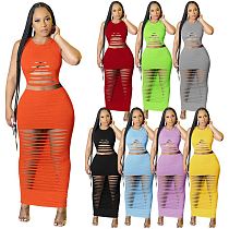MOEN New Arrival 2021 Burning Out Split Holes 2 Piece Set Women Solid Crop Top And Skirt Women Outfits Two Piece Set Clothing