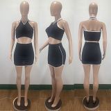 MOEN Newest Design 2021 Summer skirt and top set Sleeveless Halter Solid Color Casual Sports Women Skirt Two piece set