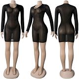 MOEN  Best Design Net Yarn Perspective Long Sleeve Stylish Sexy Dress Black Diamonds Girls Dresses