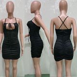 MOEN Good Quality Solid Color Elegant Sexy Girl Tight Mini Dress Folded Ladies Sleeveless Bodycon Casual Summer Short Dresses
