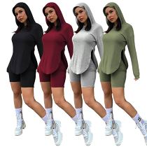 MOEN Newest Design Round Hem Long Sleeve Hooded Custom Solid 2 Piece Women Short Set Girls Fashon Clothing Two Piece Shorts Set