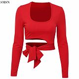 QUEENMOEN Women Clothing Solid Color Casual Long Sleeve Lace Up Top Hollow Out Sexy Tight Crop Tops For Women