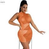 MOEN New Style Sleeveless Color Contrast See Through Sexy Skintight Dresses 2021 Ladies Night Club Drawstring Ruched Mesh Dress