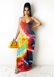 MOEN Latest Design Casual Summer Spaghetti Strap Dress Boho Print Long Loose African Tie Dye Stripe Women Maxi Dresses