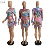 MOEN Newest Design Long Sleeve Mixed Print Dresses Women Summer Girls Casual Short Bodycon Women Dress