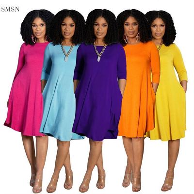 MOEN Wholesale Three Quater Sleeve Girls Solid Color A-Line Dress Casual Summer Simple Design 2021 Short Dress Women