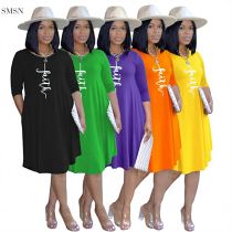 MOEN New Arrival Three Quater Sleeve Letter Pure Color Latest Casual Dress Summer Elegant Women Simple Leisure Dress