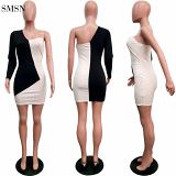 MOEN Best Seller Club Dresses Dissymmetry Unilateral Long Sleeve Patchwork Colors Stylish Sexy Slash Neck Dress