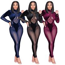 MOEN Best Design Sexy Jumpsuits Club Wear 2021 Mesh Patchwork See Through Long Sleeve Women Black Bodycon Jumpsuit