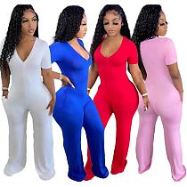 MOEN Lowest Price Short Sleelve Straight Pants Romper Summer V-Neck Solid Color Casual Long Womens Elegant Jumpsuits