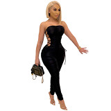 MOEN Hot Selling Solid Strapless Bodycon Rompers Summer Pleated Hollow Out Bandage One Pice Jumpsuit For Women Sexy