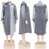 MOEN Amazon 2021 Shirt Dress Patchwork Stripe Print Bandage Blouse Plus Size Breasted Dress