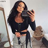 QUEENMOEN Women Clothing Solid Color Casual Long Sleeve Lace Up Top Hollow Out Sexy Tight Crop Tops For Women