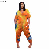 QUEENMOEN Women Clothing Plus Size One Piece Jumpsuit With Pockets Casual Short Sleeve V Neck Women Tie Dye Jumpsuits