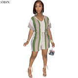 QUEENMOEN Wholesale Casual Womens Fitness Striped Lace Up V Neck Short Sleeve One Piece Wide Leg Jumpsuit