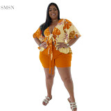 MOEN Good Quality V Neck Print Shirt Two Piece Set 2021 Plus Size Summer Women Clothing 2 Piece Set