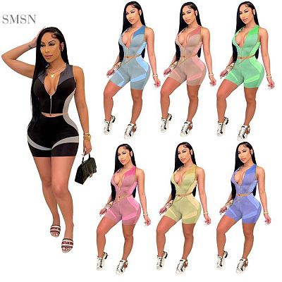MOEN New Arrival 2021 Patchwork Zip Up Woman Tank Top And Shorts Set Womens Sweat Absorbing Sports Suit